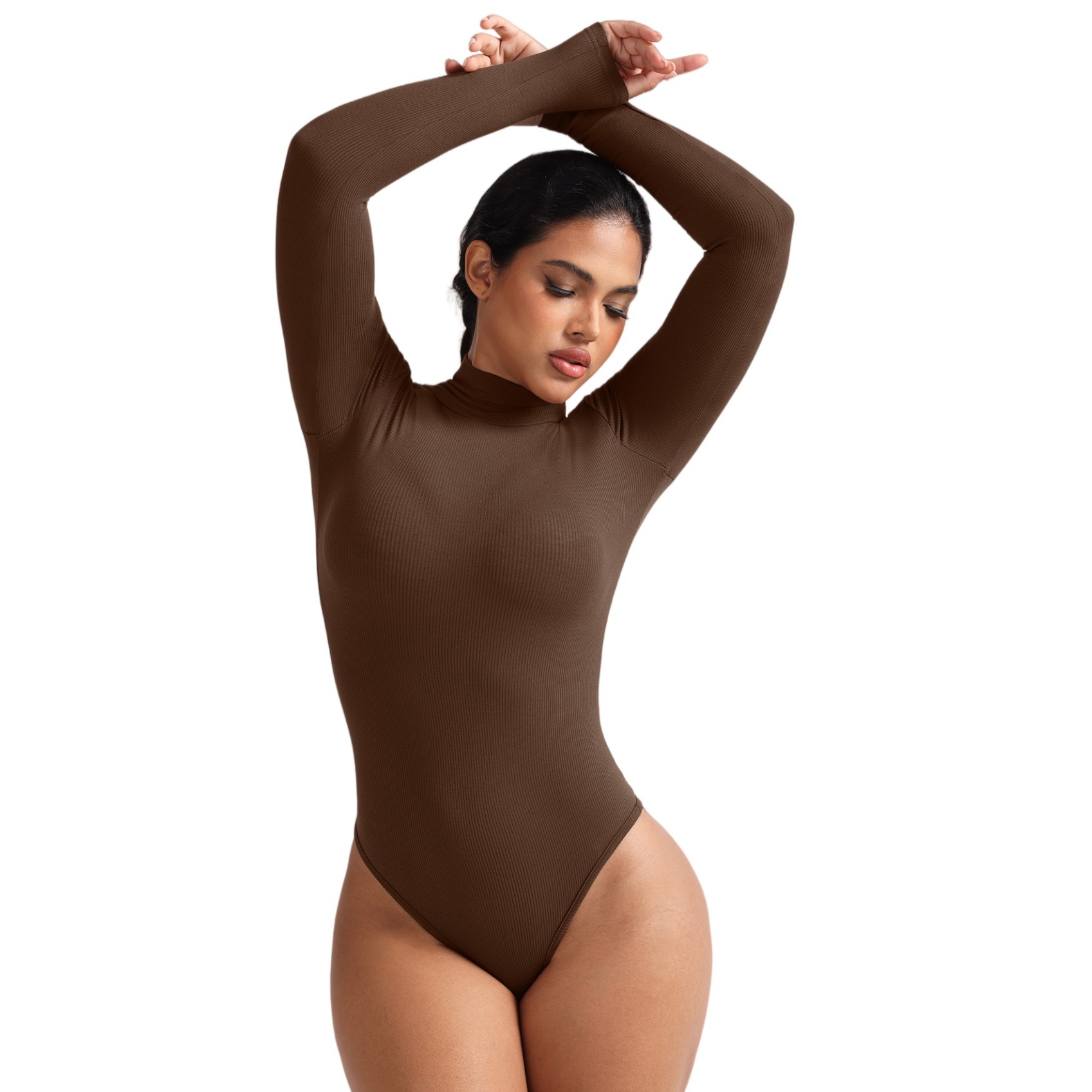 Womens Turtleneck Thong Bodysuit Warm Bodycon High Waist Romper Body Shapewear